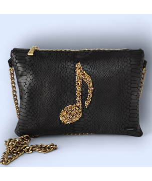 POCHETTE IN PELLE, CON NOTA MUSICALE RICAMATA, CON PIETRE